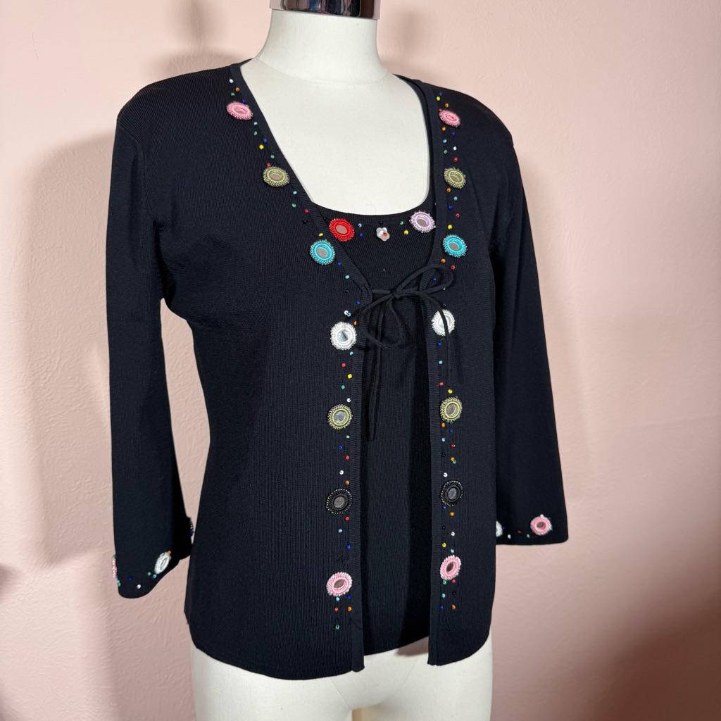 Vintage 1990 Y2k Rainbow Mirror Embroidered Black Cardigan Sweater Set